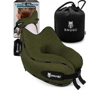 SNUGL Travel Pillow - Memory Foam Neck Pillow for Travel - Support Cushion for Airplane with Carry Bag & Clip - Holiday Essentials (Olive Green - Adult Regular)
