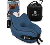 SNUGL Travel Pillow - Memory Foam Neck Pillow for Travel - Support Cushion for Airplane with Carry Bag & Clip - Holiday Essentials (Blue - Adult Regular)