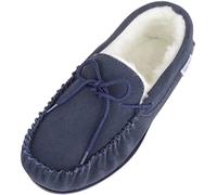 SNUGRUGS Clara, Womens Wool Moccasin Slipper with Rubber Sole, Navy, UK 3