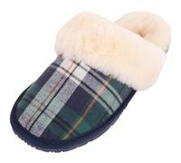SNUGRUGS Esme Womens Open Back Check Sheepskin Mule Slipper with Cuff - Green - UK 7