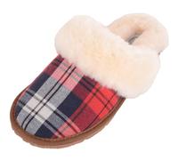 SNUGRUGS Esme Womens Open Back Check Sheepskin Mule Slipper with Cuff - Red - UK 7