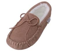 SNUGRUGS Holly, Womens Wool Lined Suede Moccasin Slipper with Suede Sole - Light Brown - UK 3