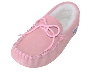 SNUGRUGS Holly, Womens Wool Lined Suede Moccasin Slipper with Suede Sole - Pink - UK 6
