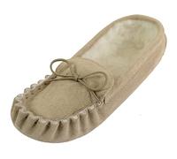 SNUGRUGS Ladies Beige/Camel Suede Moccasin Slippers with Wool Lining and Suede Sole. Made in UK. Size 9