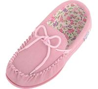 SNUGRUGS Ladies Cotton Lined Pink Suede Moccasin Slippers with Hard Sole. Size 7