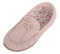 SNUGRUGS Ladies Cotton Lined Tan Suede Moccasin Slippers with Hard Sole. Size 4