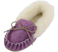 SNUGRUGS Ladies Purple Suede Moccasin Slippers with Wool Lining, Wool Cuff and Rubber Sole. Made in UK. Size 8