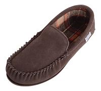 SNUGRUGS Leo Mens Suede Loafer Moccasin Slippers with Checked Cotton Inner and Rubber Sole - Brown - UK 6