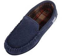 SNUGRUGS Leo Mens Suede Loafer Moccasin Slippers with Checked Cotton Inner and Rubber Sole - Navy - UK 7