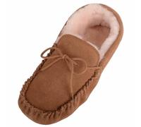 SNUGRUGS Men Genuine Sheepskin Lined Moccasin Slipper with Soft Sole - Chestnut - UK 11 / EU 45