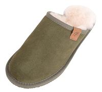 SNUGRUGS Mens Genuine Sheepskin Open Back Winter Mule Slipper with EVA Sole - Olive/Natural - UK 11