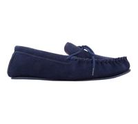 SNUGRUGS Men's George, Suede Moccasin Slippers with Checked Cotton Inner & Rubber Sole in Navy | Size: 12 SNUGRUGS Navy 12