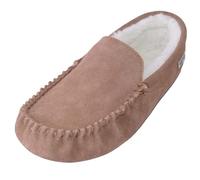 SNUGRUGS Mens Ronnie Suede Moccasin Slippers with Wool and Suede Sole - Lightbrown - UK 11