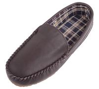 SNUGRUGS Mens Slip On Smart Leather Moccasin Loafer Slipper, Fabric Tartan Inner, Chocolate, UK 8