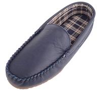 SNUGRUGS Mens Slip On Smart Leather Moccasin Loafer Slipper with Fabric Tartan Inner - Navy - UK 6