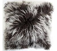 SNUGRUGS Mongolian Long Curly Wool Sheepskin Cushion/Pillow & Cushion Inner - 40cm x 40cm - Brown with White Tip