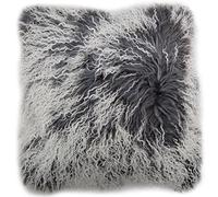 SNUGRUGS Mongolian Long Curly Wool Sheepskin Cushion/Pillow & Cushion Inner - 40cm x 40cm - Grey with White Tip