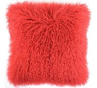 SNUGRUGS Mongolian Long Curly Wool Sheepskin Cushion/Pillow & Cushion Inner - 40cm x 40cm - Red
