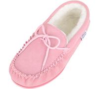 SNUGRUGS Women's Clara, Lambswool Moccasin Slipper with Rubber Sole - Pink - 6 UK