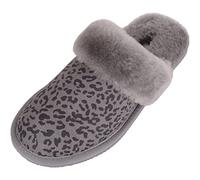 SNUGRUGS Women's Elsie, Open Back Sheepskin Mule Slipper with Cuff, Dark Grey Leopard 4 UK / 37 EU