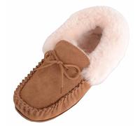 SNUGRUGS Womens Genuine Sheepskin Lined Moccasin Slipper with Hard Sole - Chestnut - UK 7 / EU 40