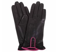 SNUGRUGS Womens Genuine Soft Leather Gloves, Contrast Piping, Twin Button Detail, Black, Medium