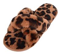 SNUGRUGS Womens Genuine Thick Sheepskin Open Back Peep Toe Cross Over Slipper Slider - Leopard - UK 5
