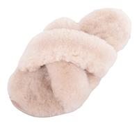 SNUGRUGS Womens Genuine Thick Sheepskin Open Back Peep Toe Cross Over Slipper Slider - Oyster - UK 8