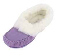 SNUGRUGS Womens Luxury Lambswool Suede Moccasin Slipper with Wool Cuff & Rubber Sole - Purple - 4 UK