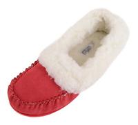 SNUGRUGS Womens Luxury Lambswool Suede Moccasin Slipper with Wool Cuff & Rubber Sole - Red - 6 UK
