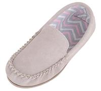 SNUGRUGS Womens Slip On Fabric Lined Suede Moccasin Slippers, Rubber Sole, Grey, UK 6