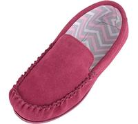 SNUGRUGS Womens Slip On Fabric Lined Suede Moccasin Slippers, Rubber Sole, Wine, UK 6