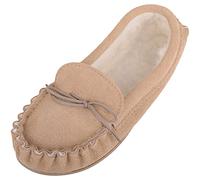 SNUGRUGS Womens Slip On Suede Moccasin Slippers, Wool Lining, Made in UK, PVC Sole, Beige, UK 8
