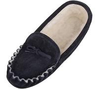 SNUGRUGS Womens Slip On Suede Moccasin Slippers, Wool Lining, Made in UK, PVC Sole, Navy, UK 8