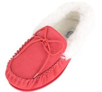 SNUGRUGS Women's Wool Moccasin Slipper with Rubber Sole and Wool Cuff, Crimson, UK 4