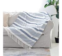Snugtown Decorative Blue White Striped Throw with Fringe, Soft Chenille Knitted Farmhouse Lightweight Blanket with Tassels for Couch Sofa Chair Bed Office Home Décor, Blue and Ivory, 127 x 152 cm