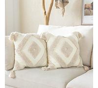 Snugtown Woven Tufted Boho Throw Pillow Cover Set of 2, Modern Decorative Geometric Diamond Chevron Cushion with Tassels, Farmhouse Tribal Pillowcase, 18 x 18 Inches, Ivory