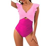 SNUOEN Women Tummy Control Swimming Ruffle Sleeve Costume One Piece Push Up Swimsuits Cutout Monokini Swimwear Rose Red