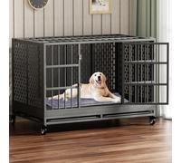 Snuowu 48/42/38 Inch Heavy Duty Dog Crate with Wheels, Folding Metal Big Dog Cage for Large and Medium Dogs, Extra Large XL XXL Indestructible Dog Crate with Removable Tray.