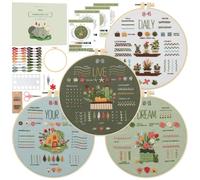 Snuvid 4-Embroidery Kit for Beginners, 4 Stages to Learn 38 Stitches with Step-by-Step Video Tutorials, Pre-Printed Patterns, Embroidery Hoop, Threads and Needles for Adults