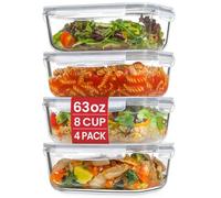 Snuvid 4 Pack 8 Cups/ 63oz Large Glass Storage Containers with Lids, Meal Prep Containers, Glass Food Storage with Airtight Lid for Baking, Leak Proof & Microwave, Oven Safe (4 Containers + 4 Lids)