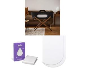 Snuz SnuzBaskit Moses Basket Bundle - Graphite Moses Basket with Matress & Walnut Stand + Waterproof Mattress Protector + 2 Pack Fitted Sheets