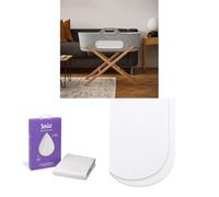 Snuz SnuzBaskit Moses Basket Bundle - Light Grey Moses Basket with Matress & Natural Stand + Waterproof Mattress Protector + 2 Pack Fitted Sheets