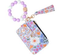 Snycler Boho Beaded Wallet Keychain Wristlet Card Holder - Zip Card Wallet & Keychain with Tassel Accessory Gift, Flower-purple