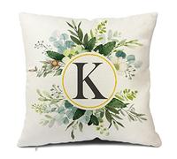 Snycler Monogram Letter K Throw Pillow Covers Floral 18x18 Inch, Greenery Spring Pillows Decorative Throw Pillows Pillowcase Summer Farmhouse Decor for Couch Sofa, Family Last Name Initial Pillow Case