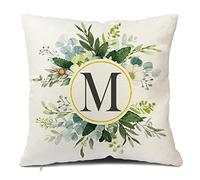 Snycler Monogram Letter M Throw Pillow Covers Floral 18x18 Inch, Greenery Spring Pillows Decorative Throw Pillows Pillowcase Summer Farmhouse Decor for Couch Sofa, Family Last Name Initial Pillow Case