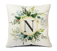 Snycler Monogram Letter N Throw Pillow Covers Floral 18x18 Inch, Greenery Spring Pillows Decorative Throw Pillows Pillowcase Summer Farmhouse Decor for Couch Sofa, Family Last Name Initial Pillow Case