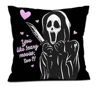 Snycler You Like Scary Movies Too Pink Ghost Scary Face Throw Pillow Cover Black Pillowcase Horror Halloween Valentine's Day Gifts Decoration for Sofa Bedroom Birthday Party Supplies 18'' x 18''