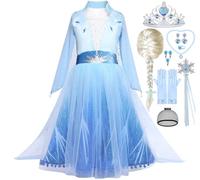 Snyemio Elsa Princess Dress Up for Girls Fancy Kids Costume with Accessories Carnival Cosplay Birthday Party Outfit, Blue, 6-7 Years(Tag 140)
