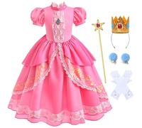 Snyemio Girls Princess Peach Costume Super Brothers Pink Fancy Dress Outfit for Cosplay Birthday Party, 7-8 Years(Label 140)